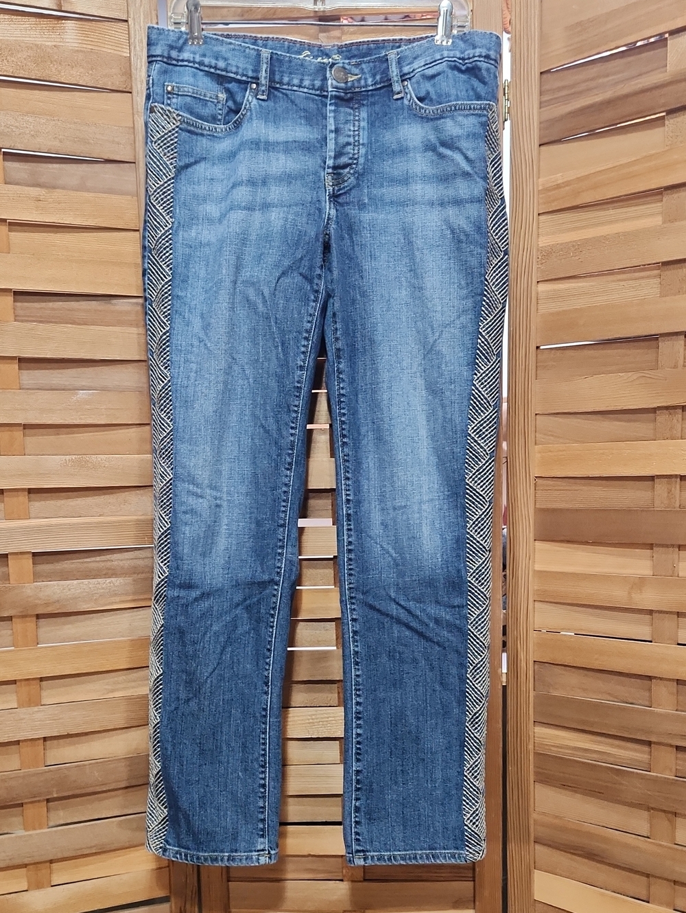 Eddie Bauer Boyfriend Relaxed Button Fly Jeans Women 10 Denim Embellished Leg